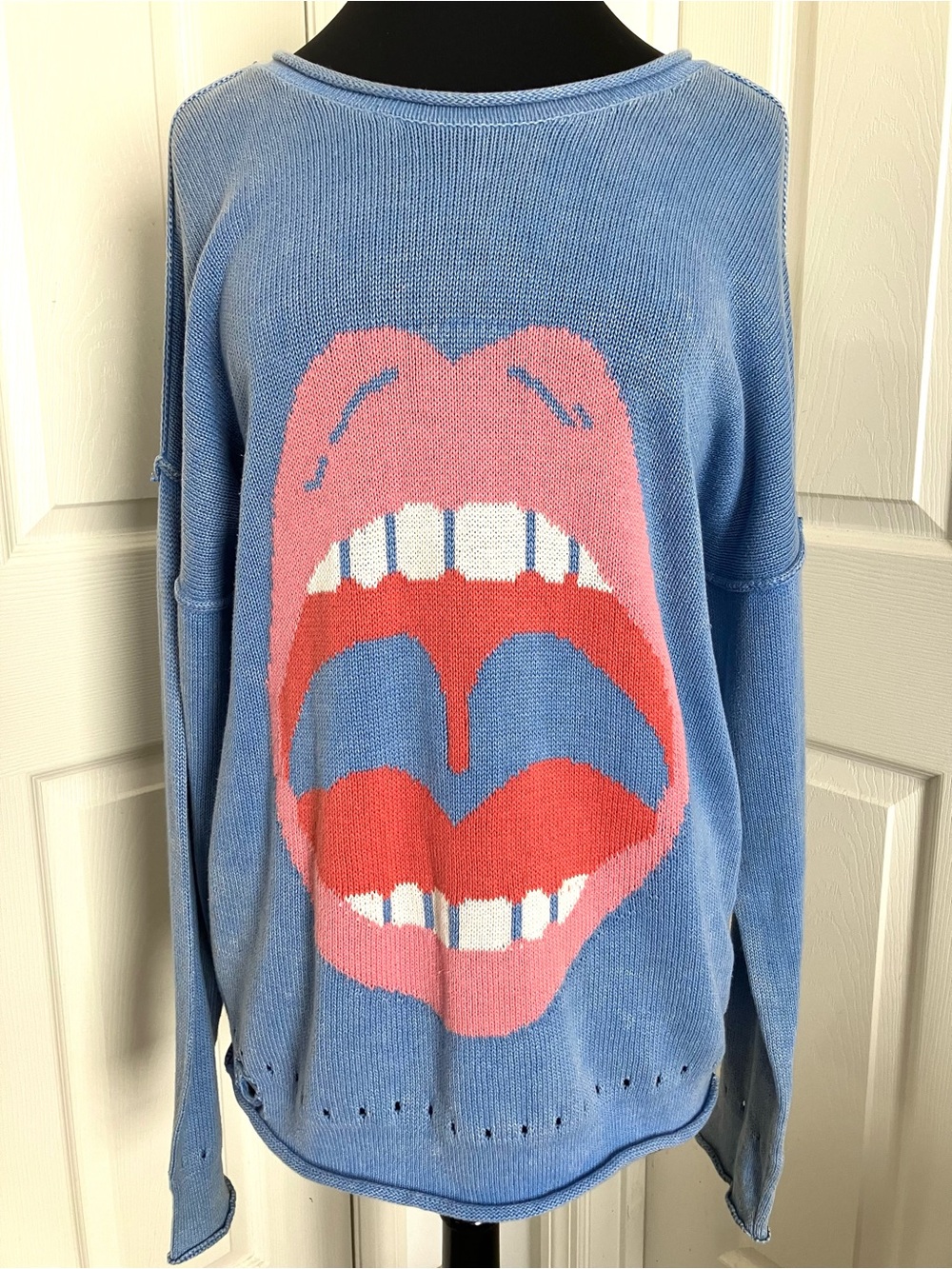 EUC Wildfox "Big Mouth"/“Loud Mouth” Lennon Sweater Distressed Knit Blue Sz. S